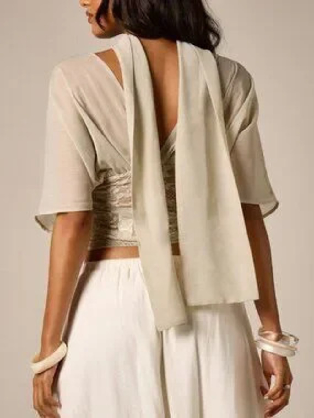 ZARA Green Elegant Women's Lace Detail Crop Blouse with Tie Neck and Open Back